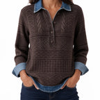 Women's Cable Knit Half-Button Pullover – Contrast Collar Relaxed Sweater
