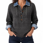 Women's Cable Knit Half-Button Pullover – Contrast Collar Relaxed Sweater