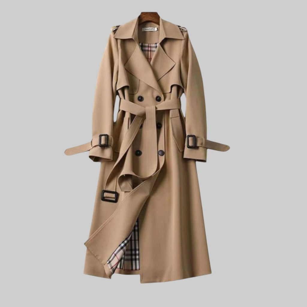 Women's Double-Breasted Trench Coat with Belt – Classic Midi Length Coat
