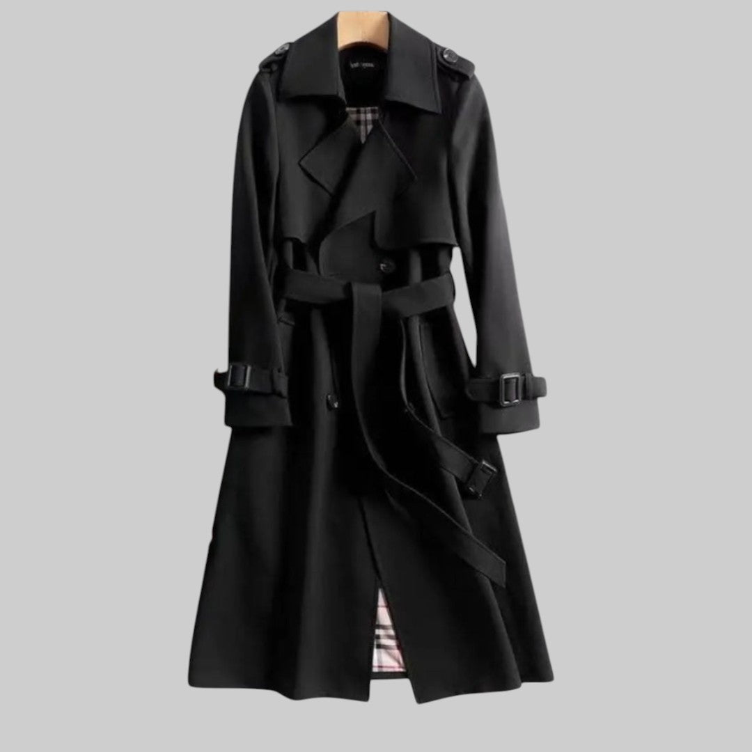 Women's Double-Breasted Trench Coat with Belt – Classic Midi Length Coat