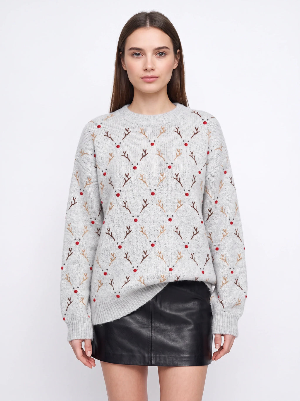 Nina | Women Oversized Reindeer Embroidered Knit Sweater