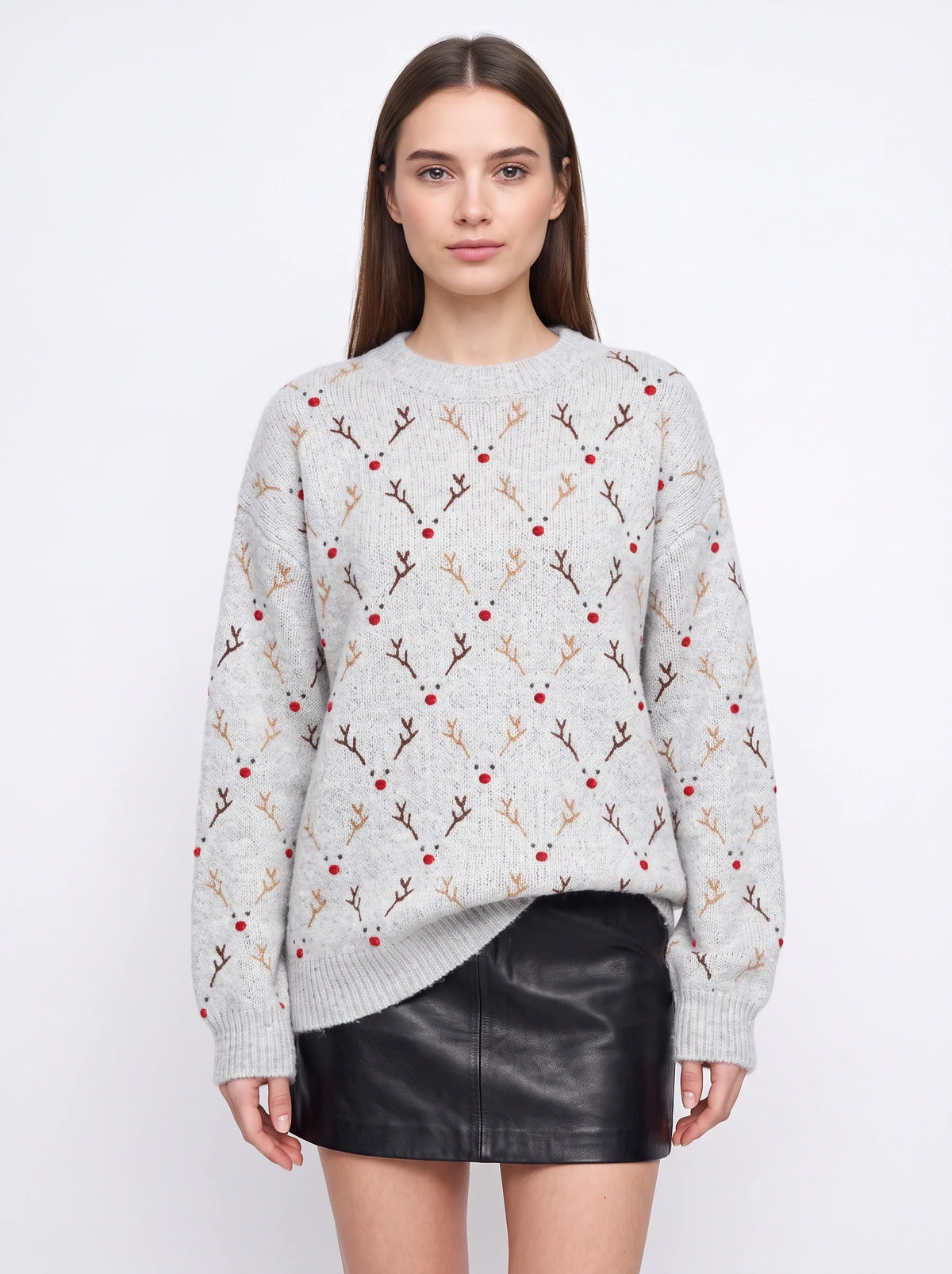 Nina | Women Oversized Reindeer Embroidered Knit Sweater