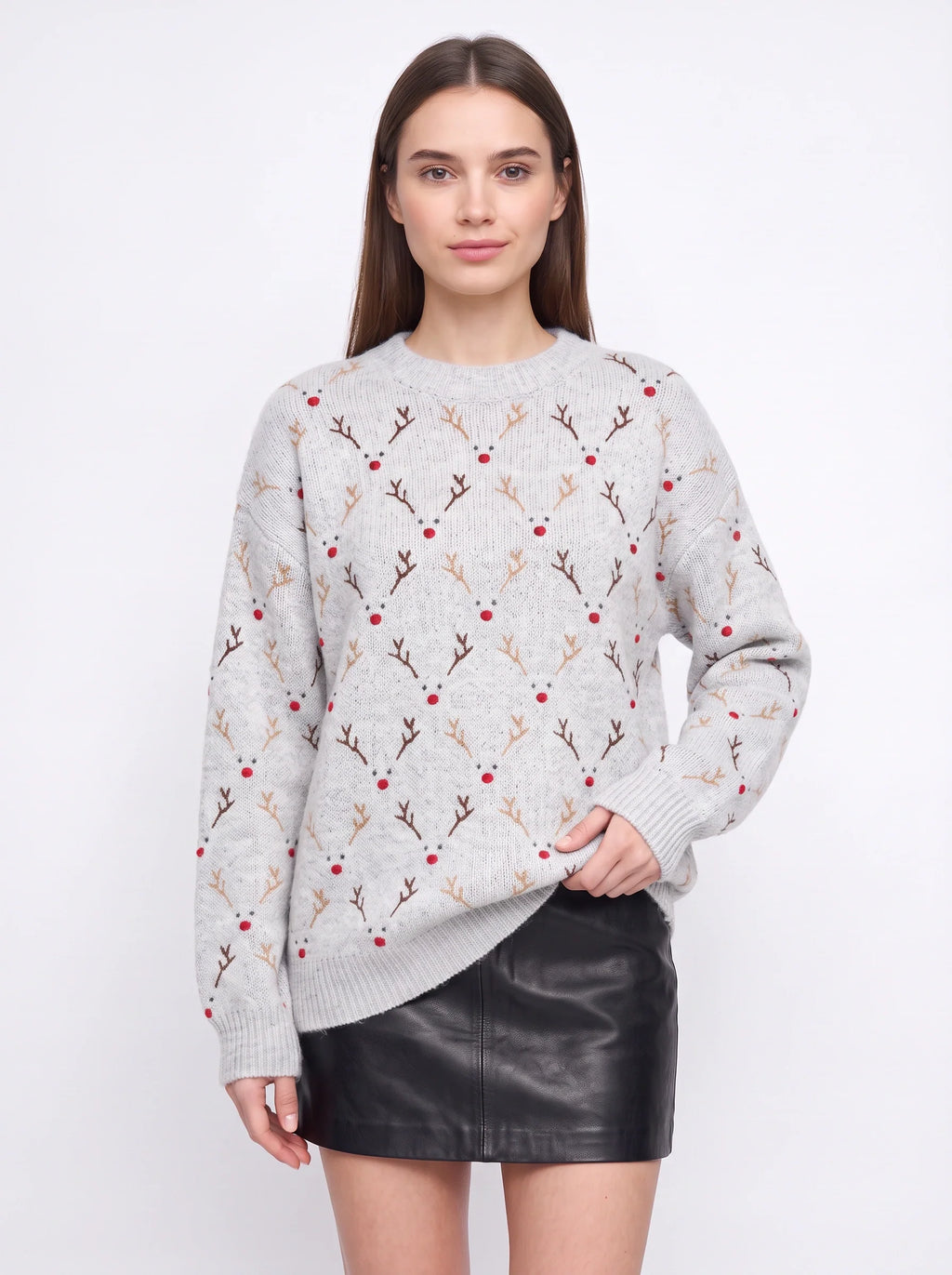 Nina | Women Oversized Reindeer Embroidered Knit Sweater