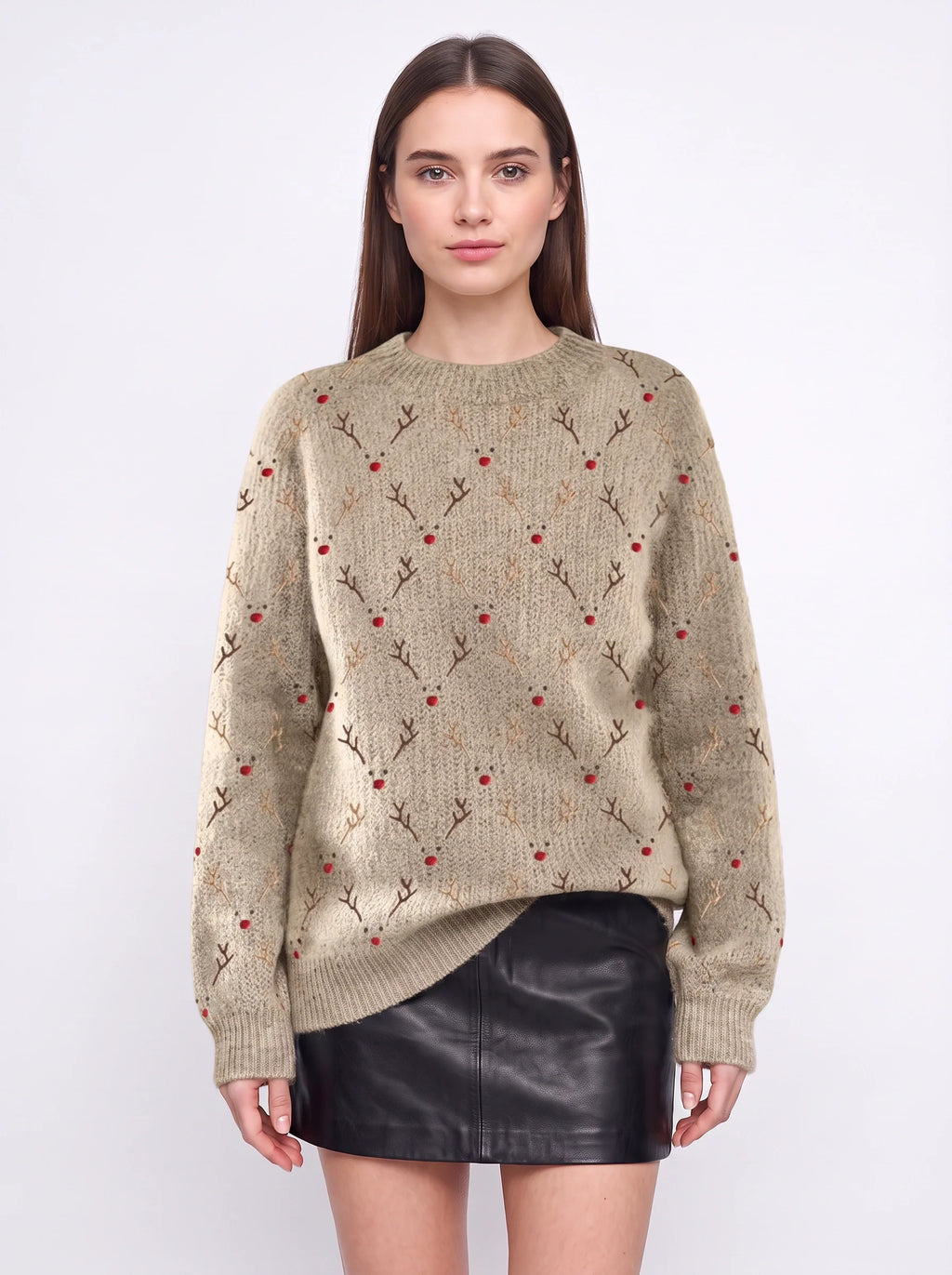 Nina | Women Oversized Reindeer Embroidered Knit Sweater