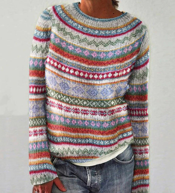 Women's Striped Crew Neck Sweater – Relaxed Long Sleeve Knit Pullover