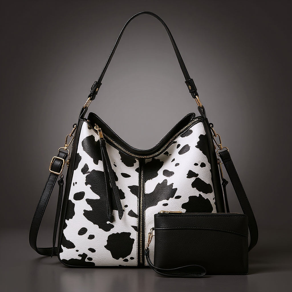 Women's Animal Print Tote with Wristlet – Two-Piece Faux Leather Bag Set