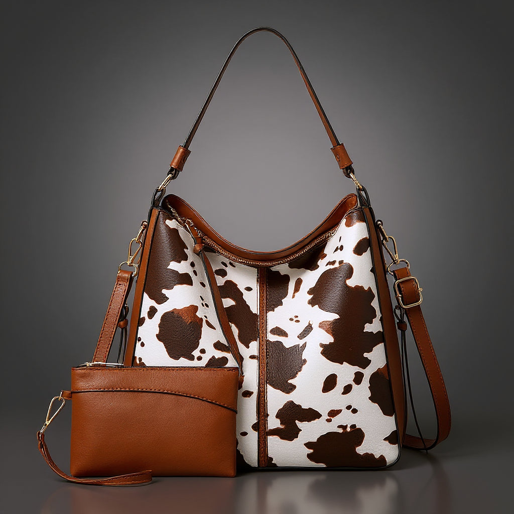 Women's Animal Print Tote with Wristlet – Two-Piece Faux Leather Bag Set