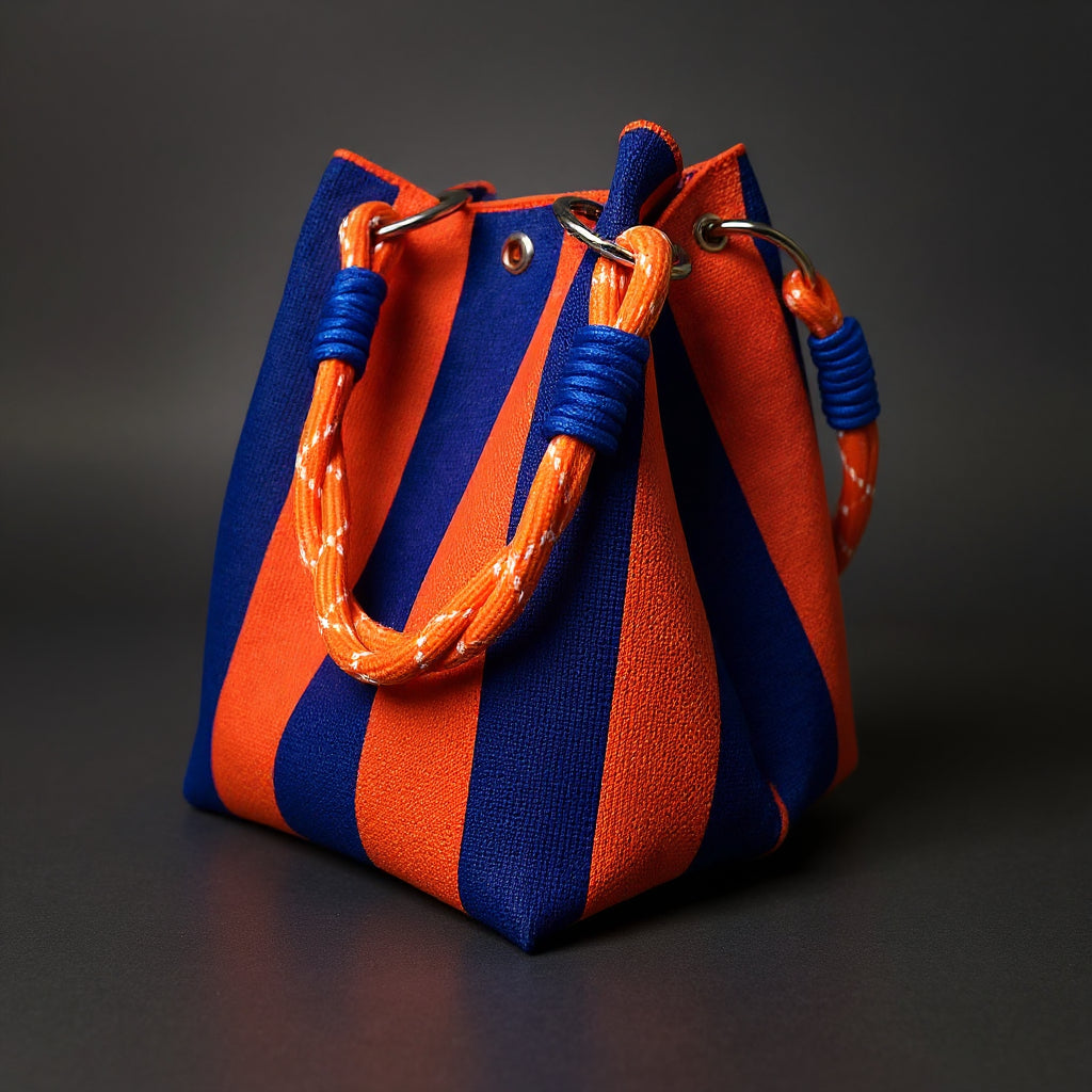 Women's Canvas Mini Bucket Bag – Rope Handle Colorblock Handbag