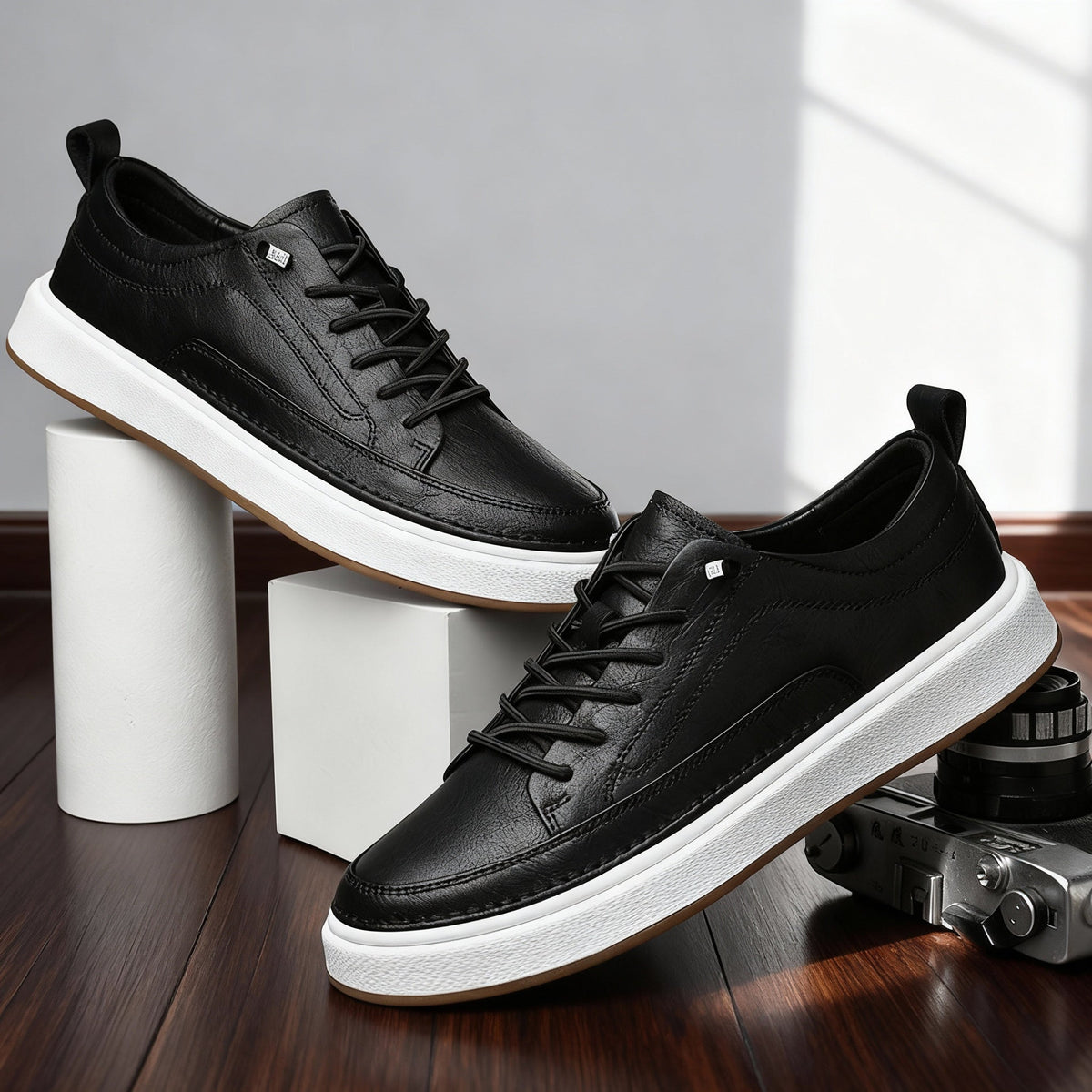 Men's Hand-Stitched Casual Sneakers – Padded Comfort Lace-Up Shoes