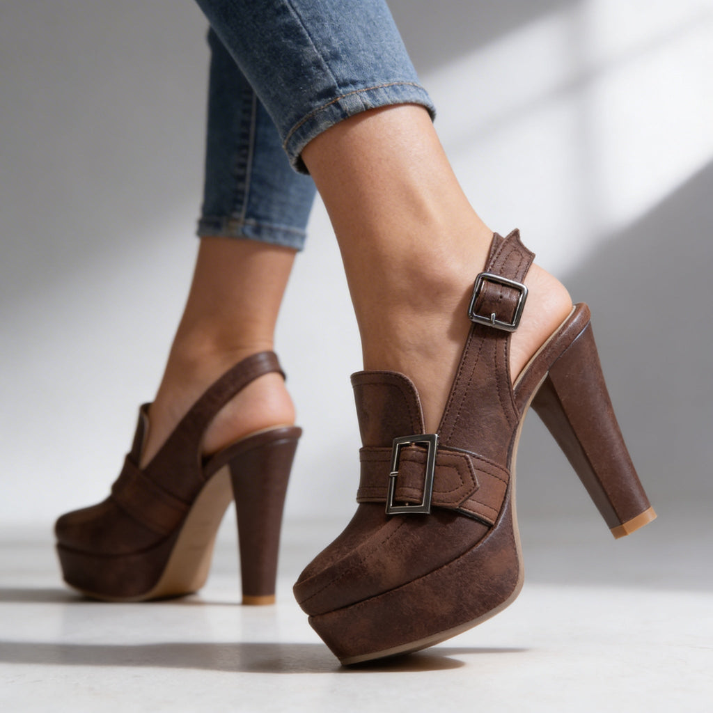 Women's Retro Platform Slingback Heels – Buckle Strap Block Heel Pumps