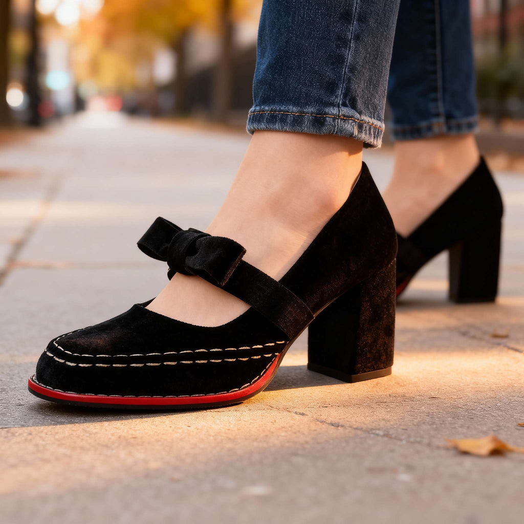 Women's Velvet Bow Loafers – Block Heel Slip-On Shoes