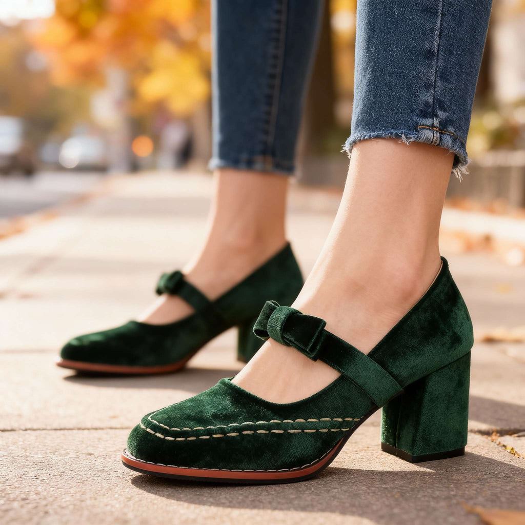 Women's Velvet Bow Loafers – Block Heel Slip-On Shoes