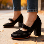 Women's Velvet Bow Loafers – Block Heel Slip-On Shoes