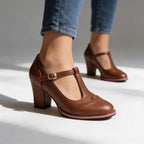 Women's Brogue T-Strap Loafers – Vintage Block Heel Buckle Shoes