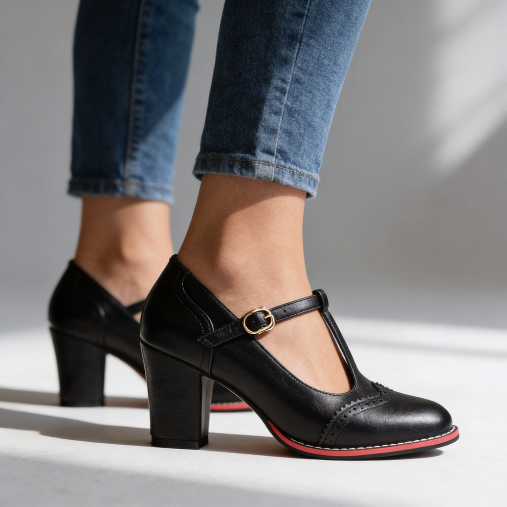 Women's Brogue T-Strap Loafers – Vintage Block Heel Buckle Shoes