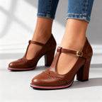 Women's Brogue T-Strap Loafers – Vintage Block Heel Buckle Shoes