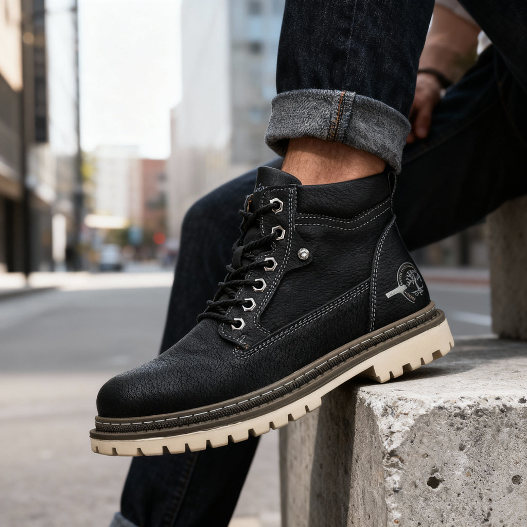 Men's Rugged Lace-Up Work Boots – Welted Sole Padded Ankle Boots
