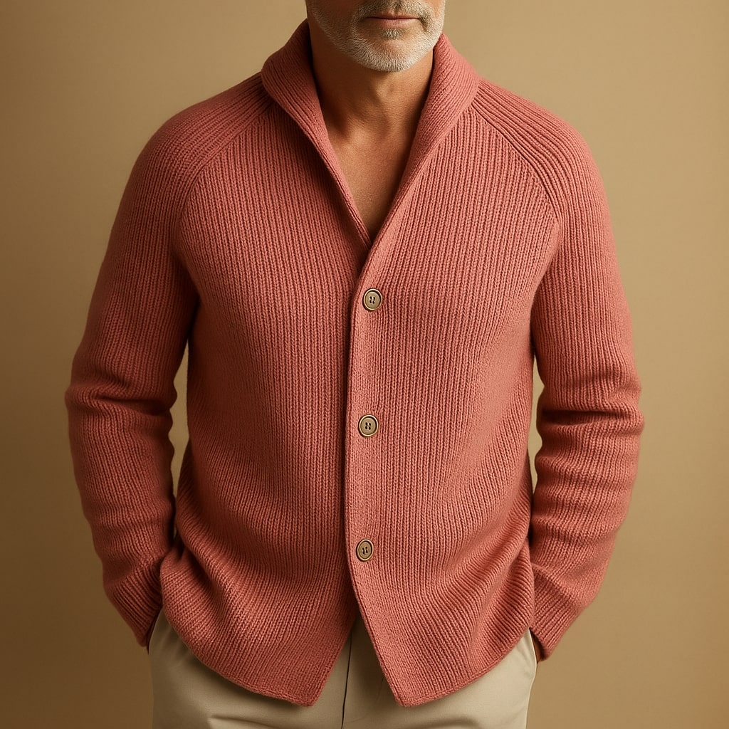 Men's Shawl Collar Ribbed Cardigan – Button-Up Knit with Patch Pockets