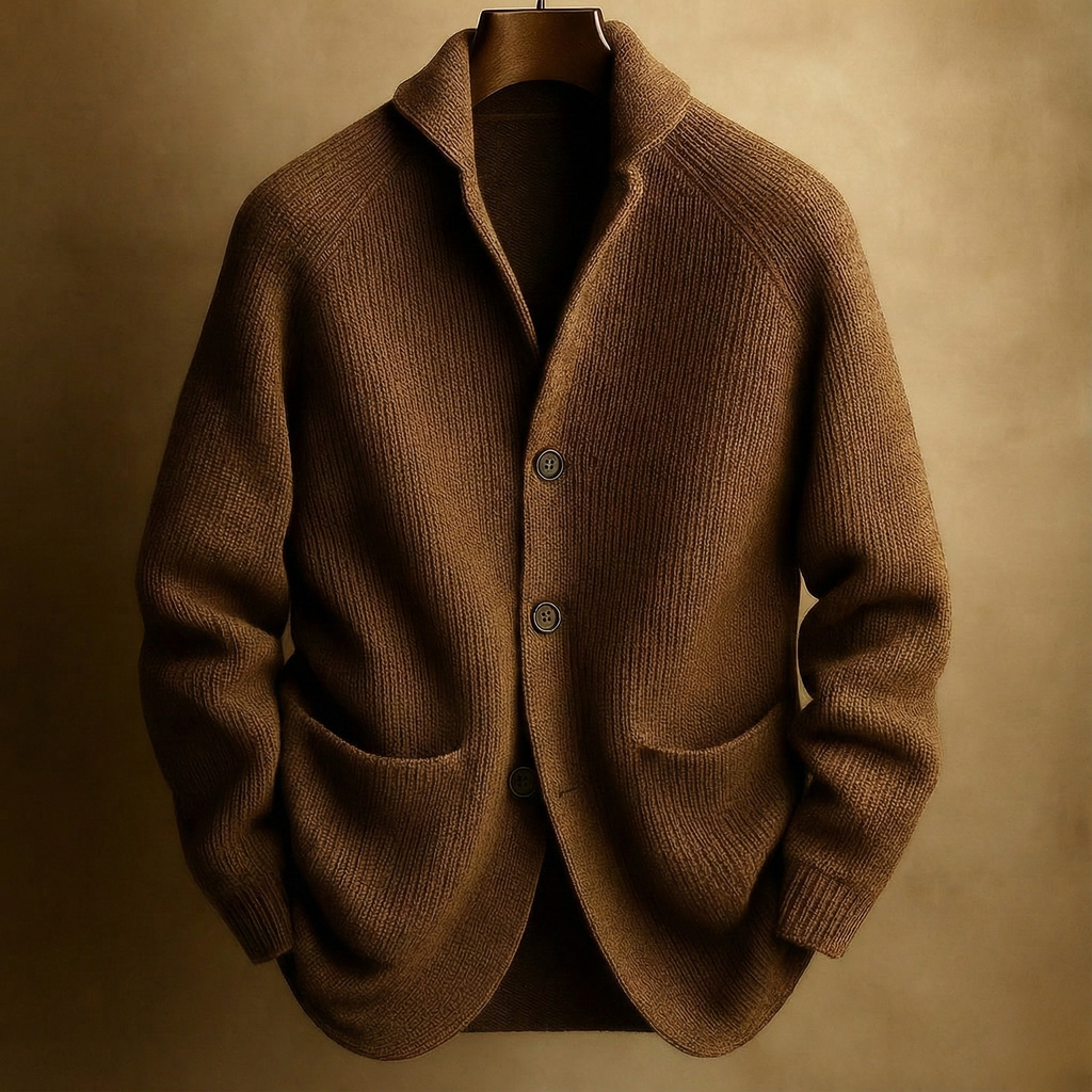 Men's Shawl Collar Ribbed Cardigan – Button-Up Knit with Patch Pockets