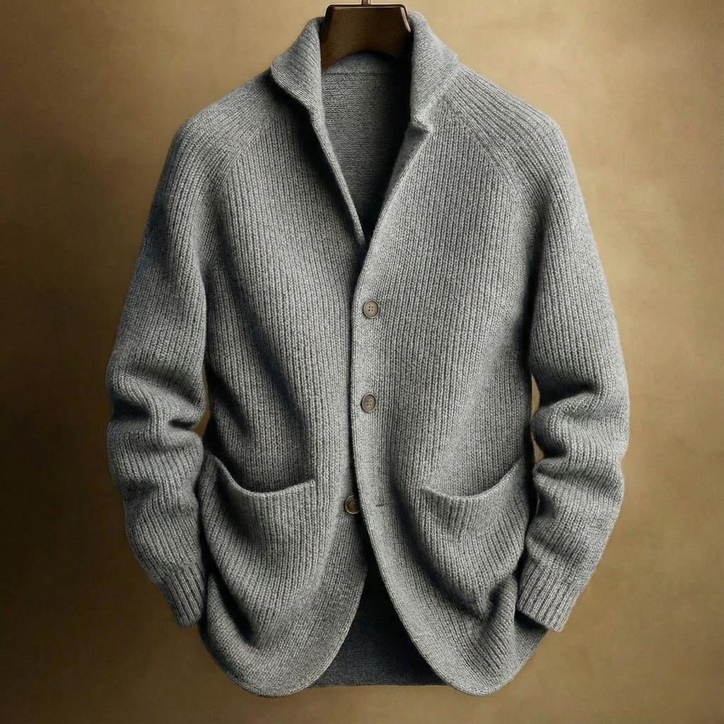 Men's Shawl Collar Ribbed Cardigan – Button-Up Knit with Patch Pockets