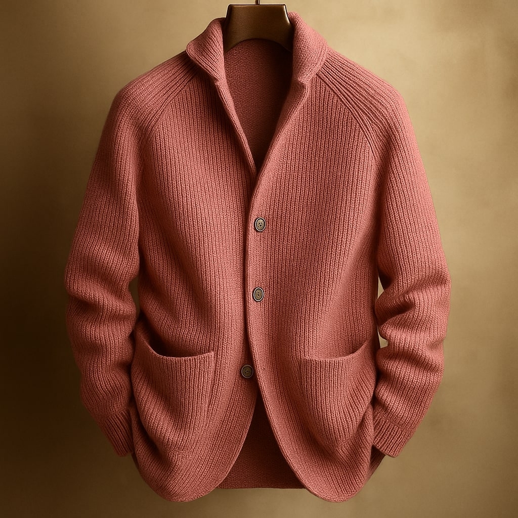 Men's Shawl Collar Ribbed Cardigan – Button-Up Knit with Patch Pockets