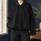 Women's Cropped Bomber Jacket with Bubble Hem – Concealed Zip Jacket with Spread Collar