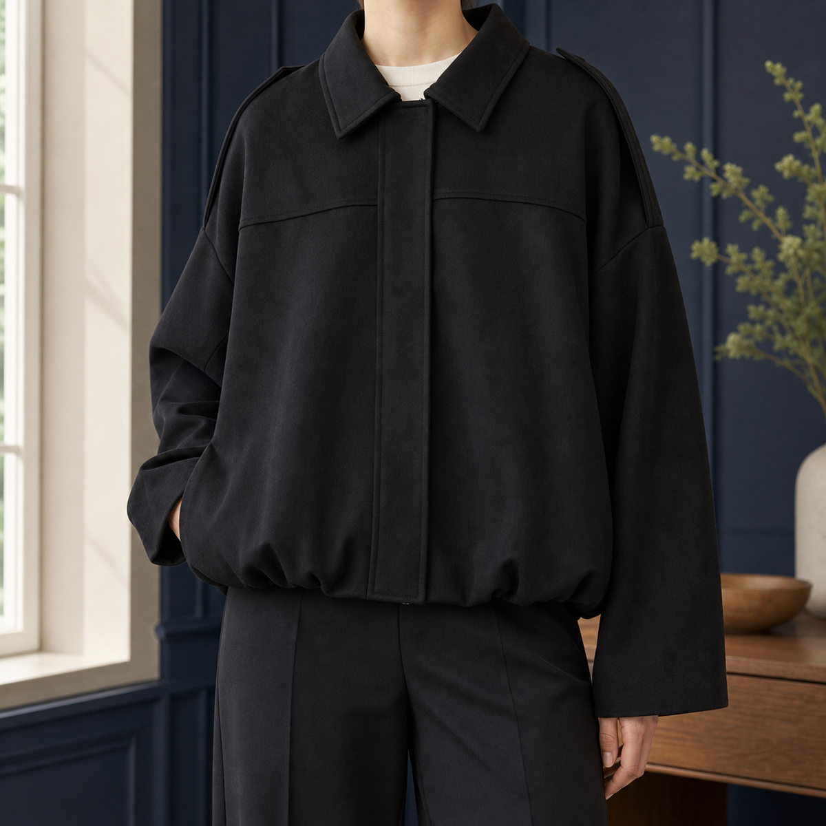 Women's Cropped Bomber Jacket with Bubble Hem – Concealed Zip Jacket with Spread Collar
