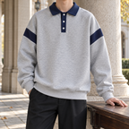 Men's Polo Collar Knit Sweater – Relaxed Fit Three-Button Pullover with Contrast Collar