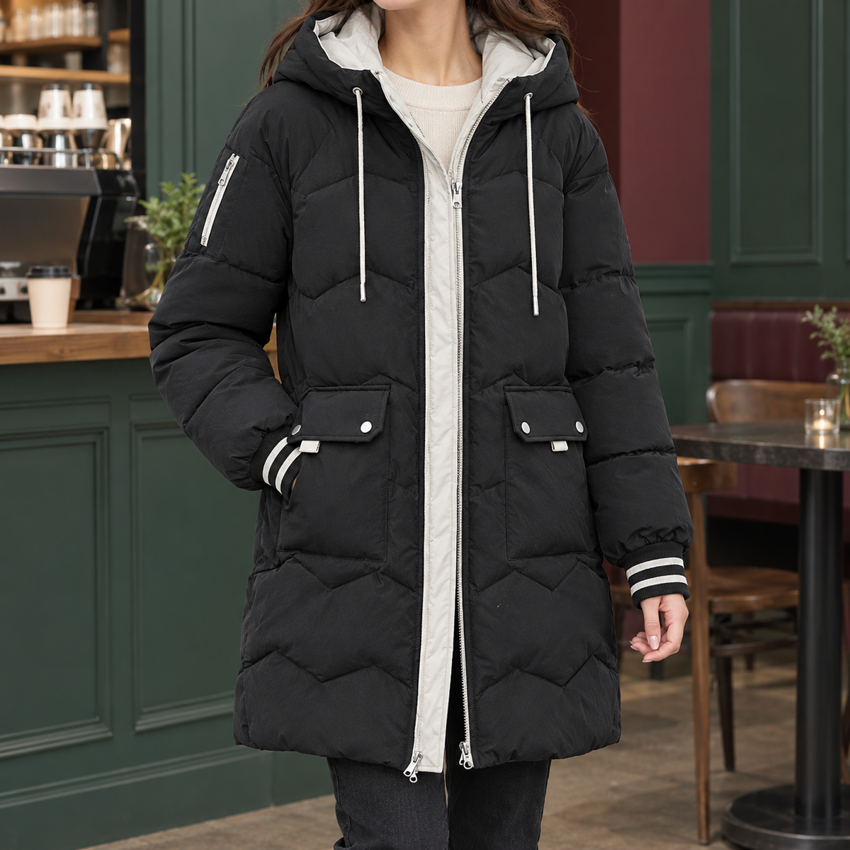 Women's Longline Hooded Puffer Coat – Chevron Quilted Winter Coat with Patch Pockets