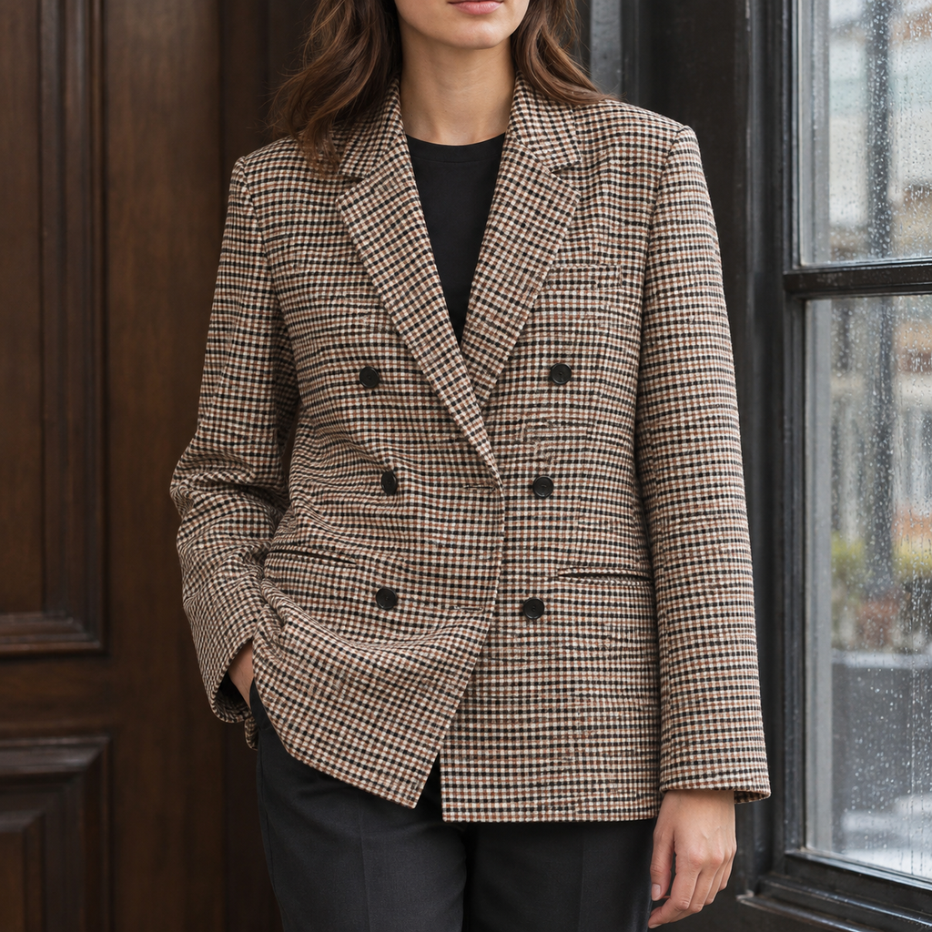 Women's Check Double-Breasted Blazer – Wide Lapel Tailored Jacket for Work