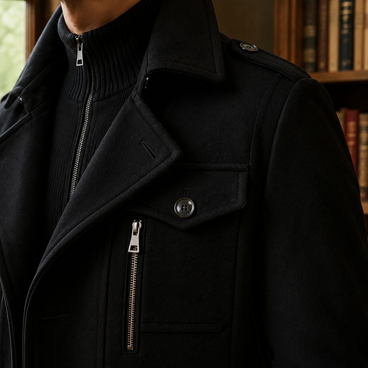 Men's Black Military Overcoat – Thigh Length Notched Collar Coat with Flap Pockets