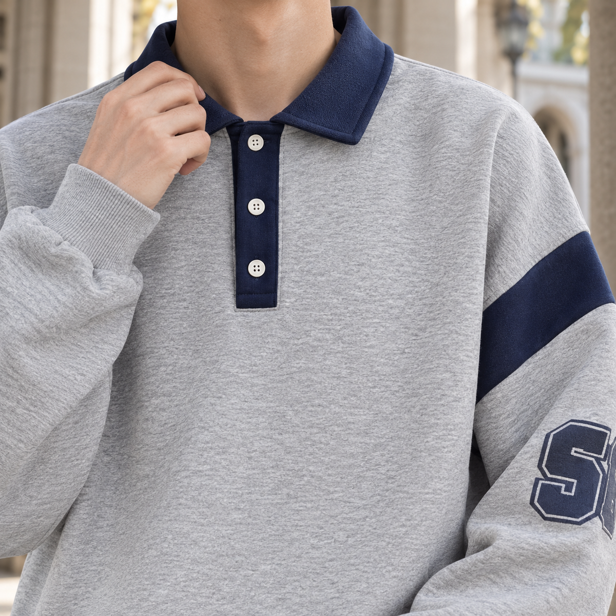 Men's Polo Collar Knit Sweater – Relaxed Fit Three-Button Pullover with Contrast Collar