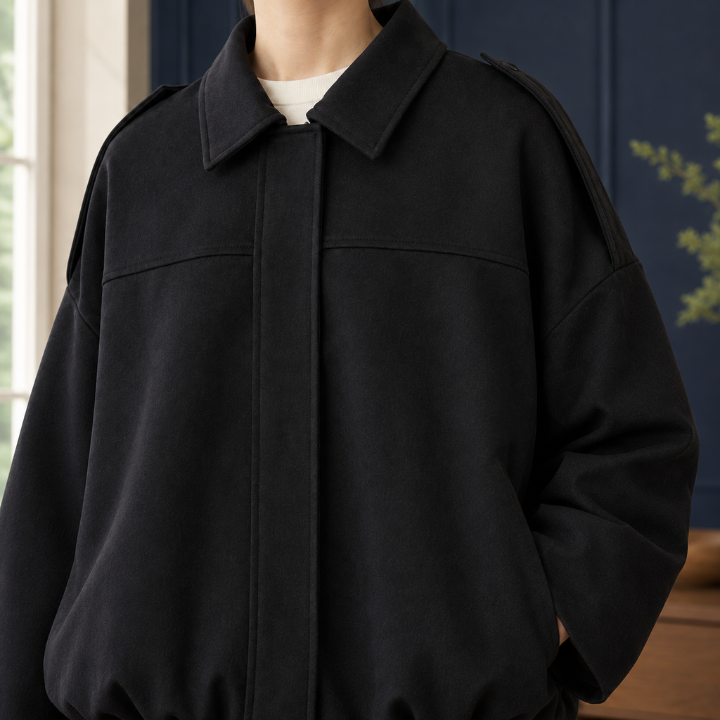 Women's Cropped Bomber Jacket with Bubble Hem – Concealed Zip Jacket with Spread Collar