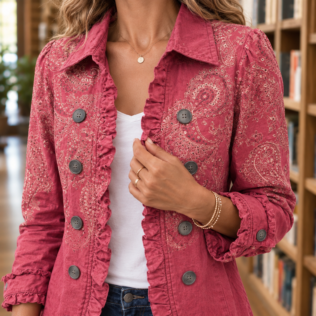 Women's Paisley Print Jacket with Ruffle Trim – Double-Breasted Hip Length Jacket
