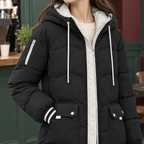 Women's Longline Hooded Puffer Coat – Chevron Quilted Winter Coat with Patch Pockets