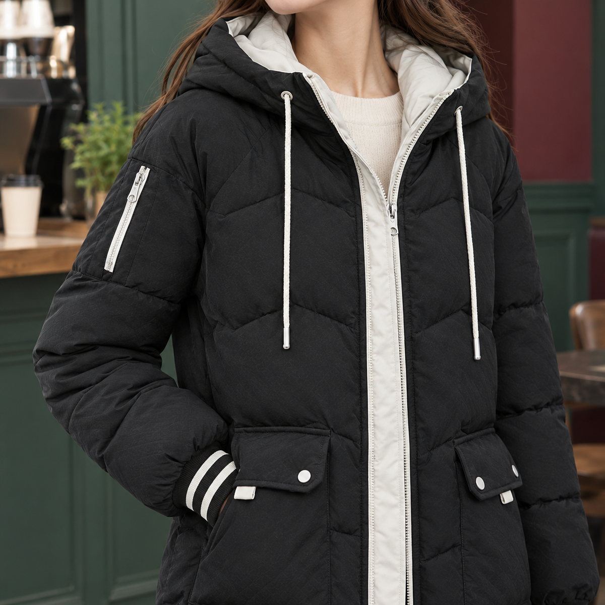 Women's Longline Hooded Puffer Coat – Chevron Quilted Winter Coat with Patch Pockets