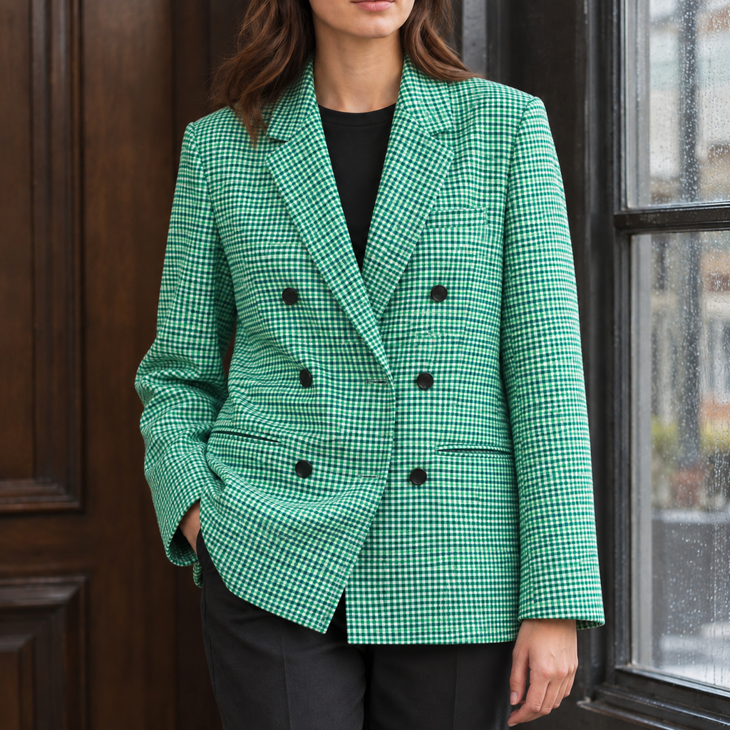 Women's Check Double-Breasted Blazer – Wide Lapel Tailored Jacket for Work