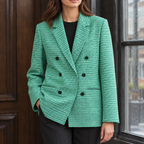 Women's Check Double-Breasted Blazer – Wide Lapel Tailored Jacket for Work