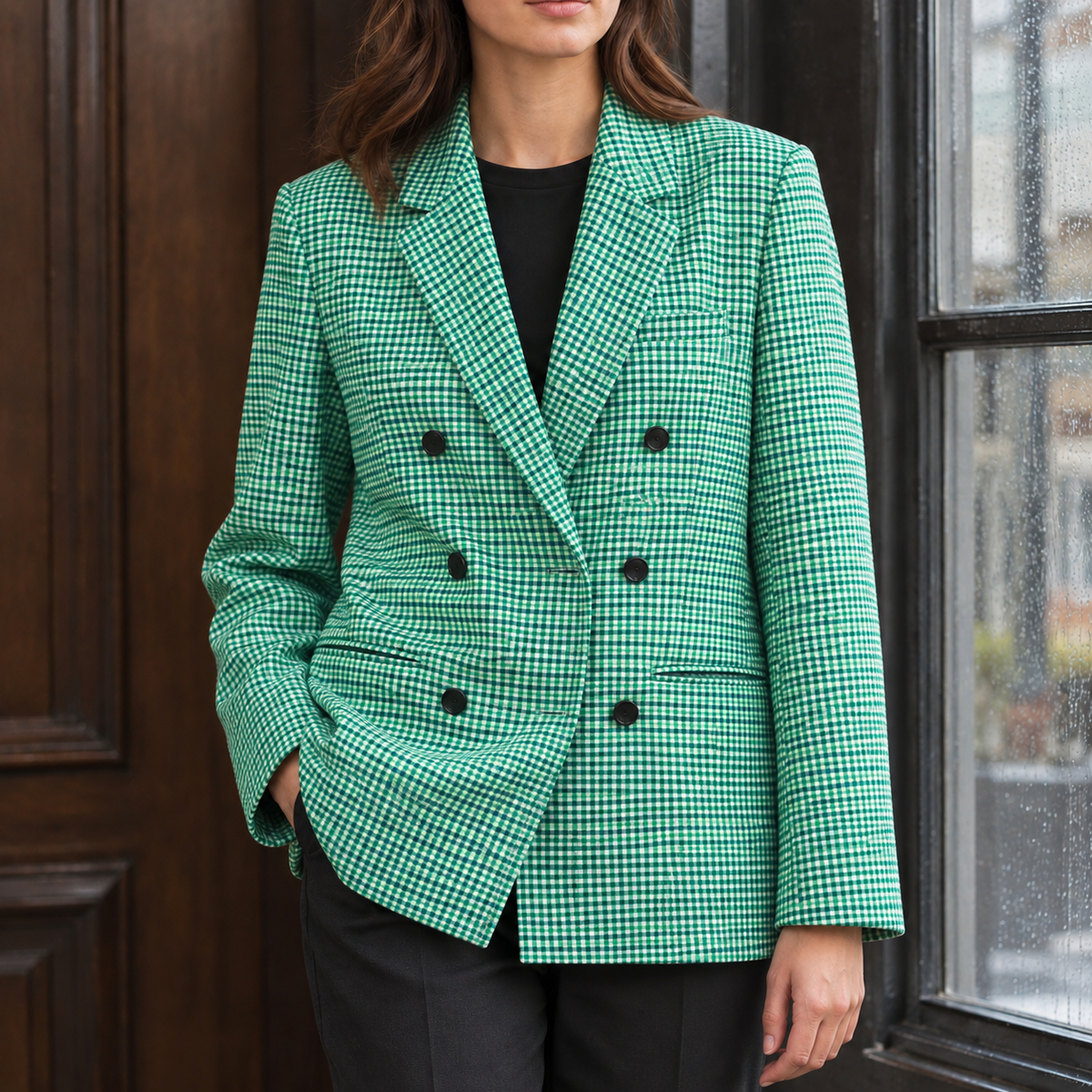 Women's Check Double-Breasted Blazer – Wide Lapel Tailored Jacket for Work