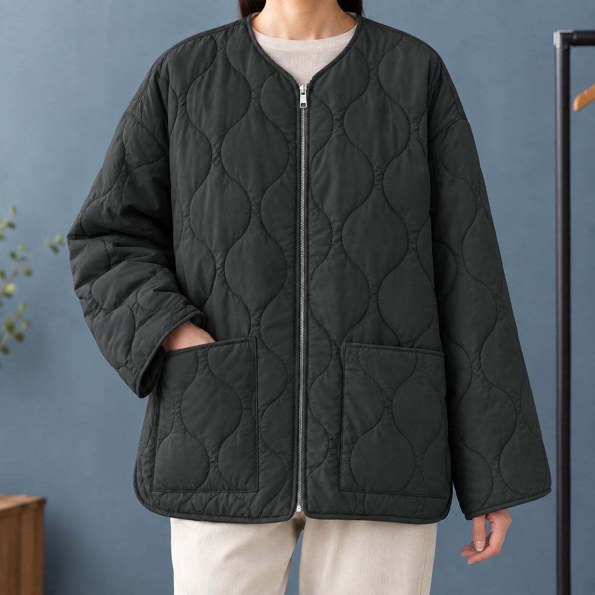 Women's Wave Quilted Jacket – Lightweight Collarless Zip Jacket
