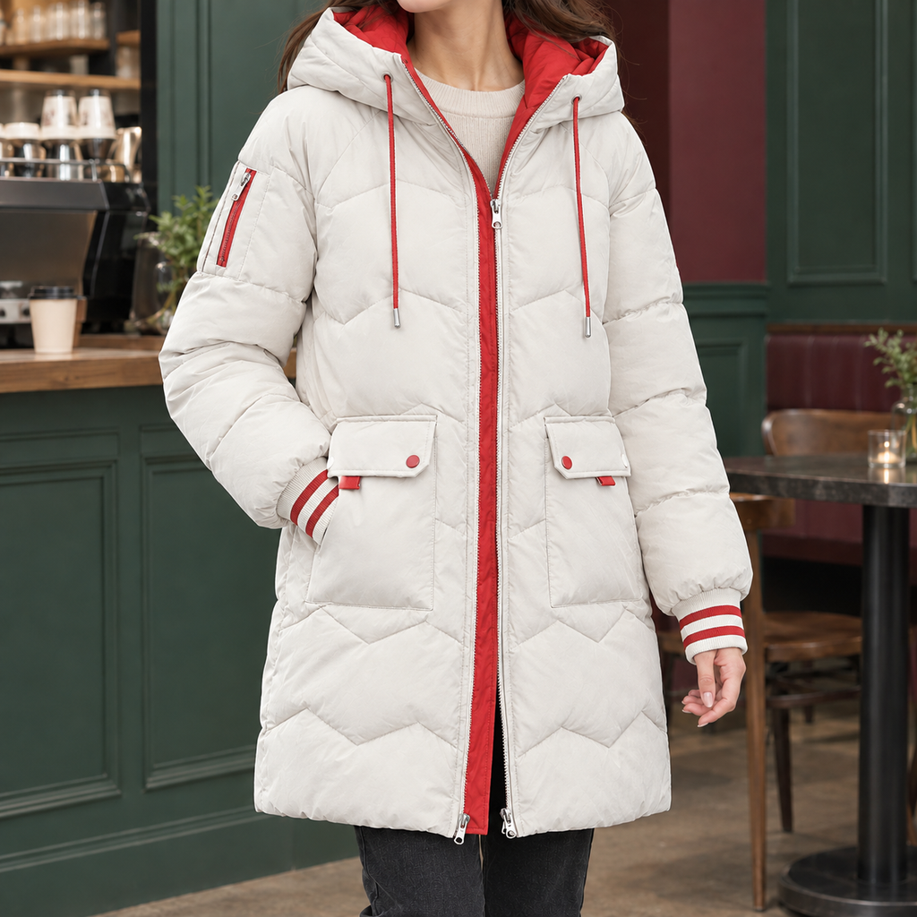 Women's Longline Hooded Puffer Coat – Chevron Quilted Winter Coat with Patch Pockets
