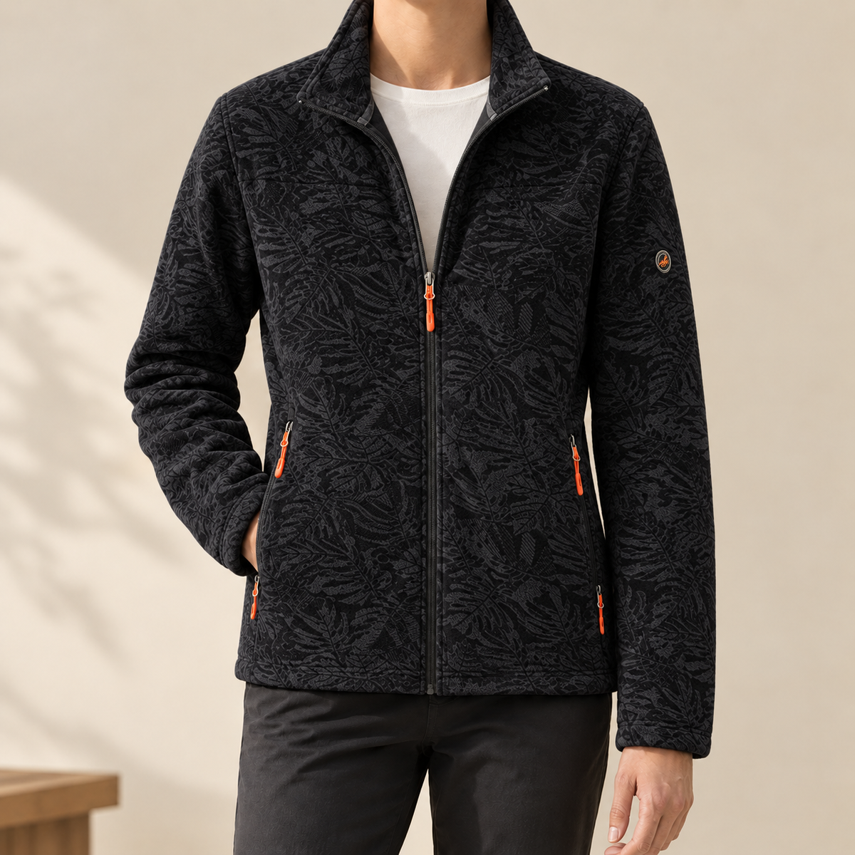 Men's Zip-Up Jacket with Stand Collar – Textured Foliage Pattern Jacket with Zip Pockets