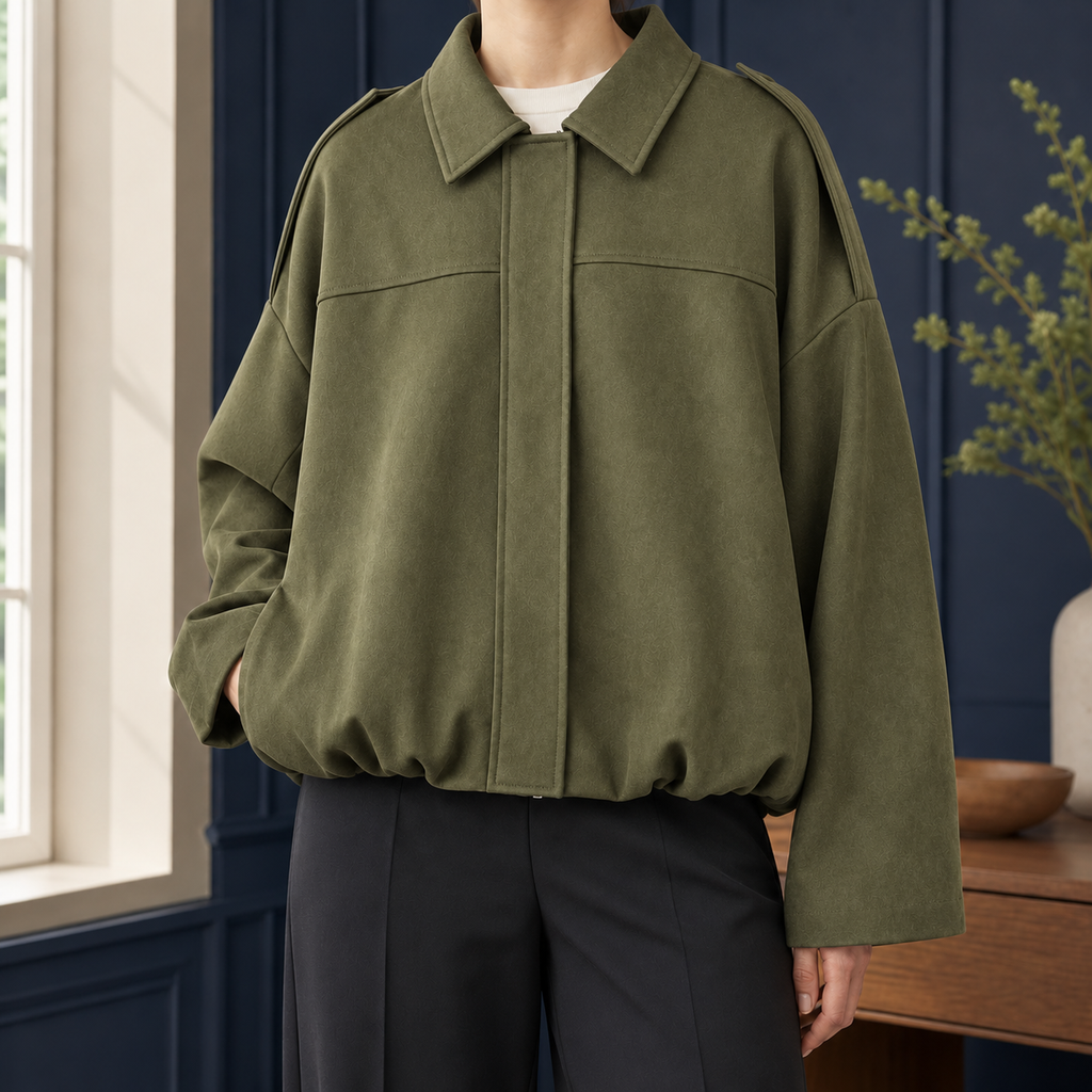 Women's Cropped Bomber Jacket with Bubble Hem – Concealed Zip Jacket with Spread Collar