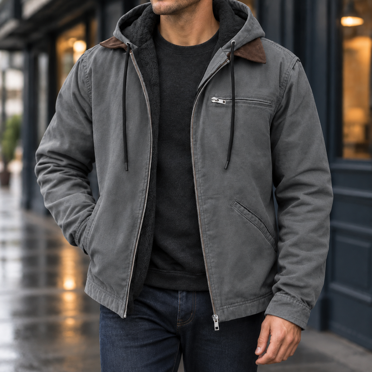 Men's Hooded Zip-Up Jacket – Lined Casual Jacket with Chest Pocket
