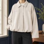 Women's Cropped Bomber Jacket with Bubble Hem – Concealed Zip Jacket with Spread Collar