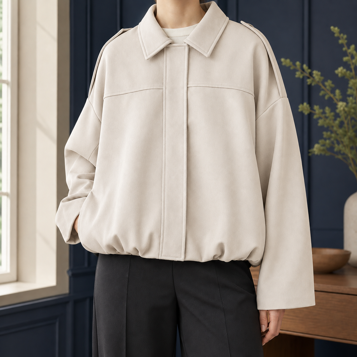 Women's Cropped Bomber Jacket with Bubble Hem – Concealed Zip Jacket with Spread Collar