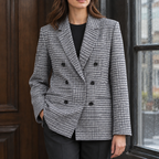 Women's Check Double-Breasted Blazer – Wide Lapel Tailored Jacket for Work