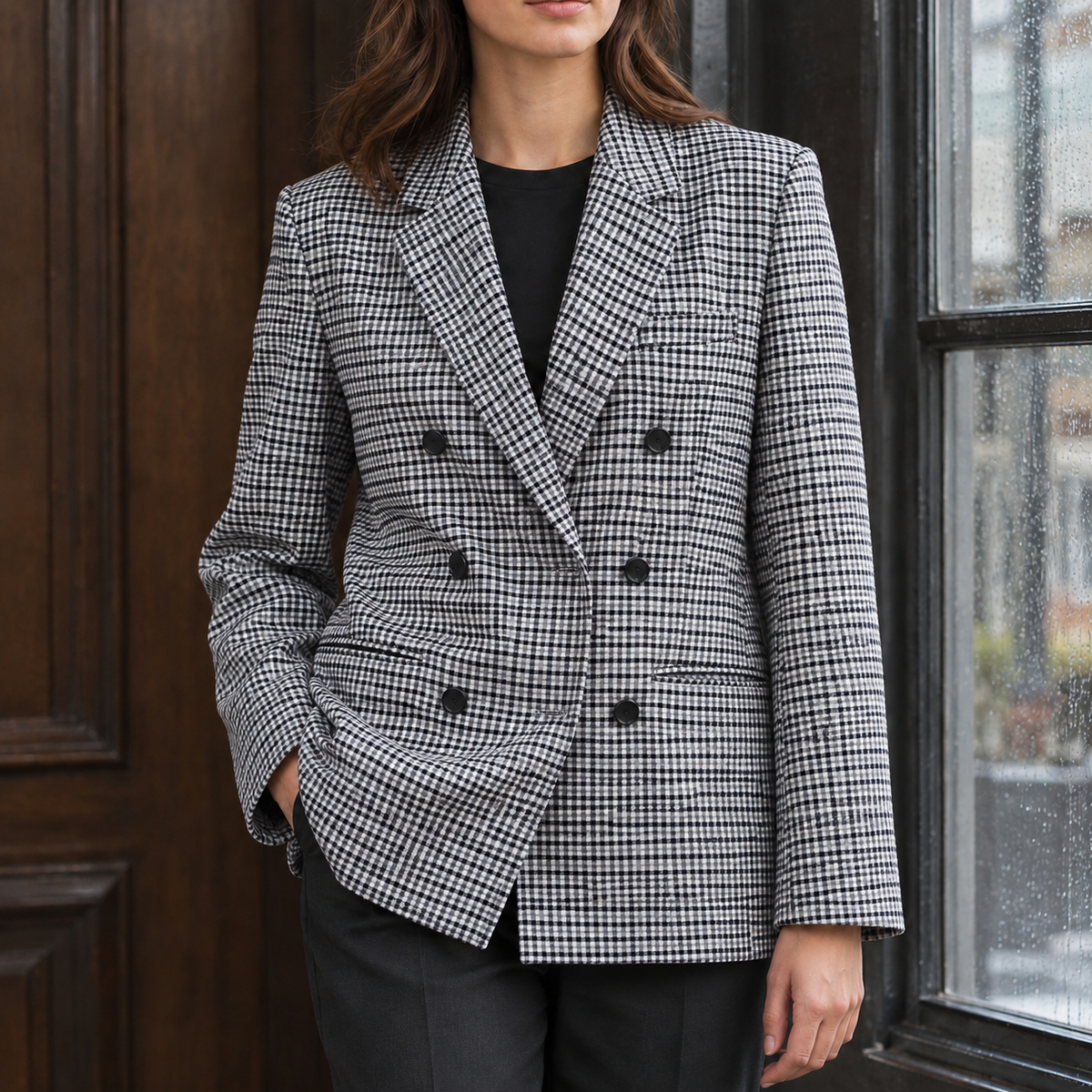 Women's Check Double-Breasted Blazer – Wide Lapel Tailored Jacket for Work