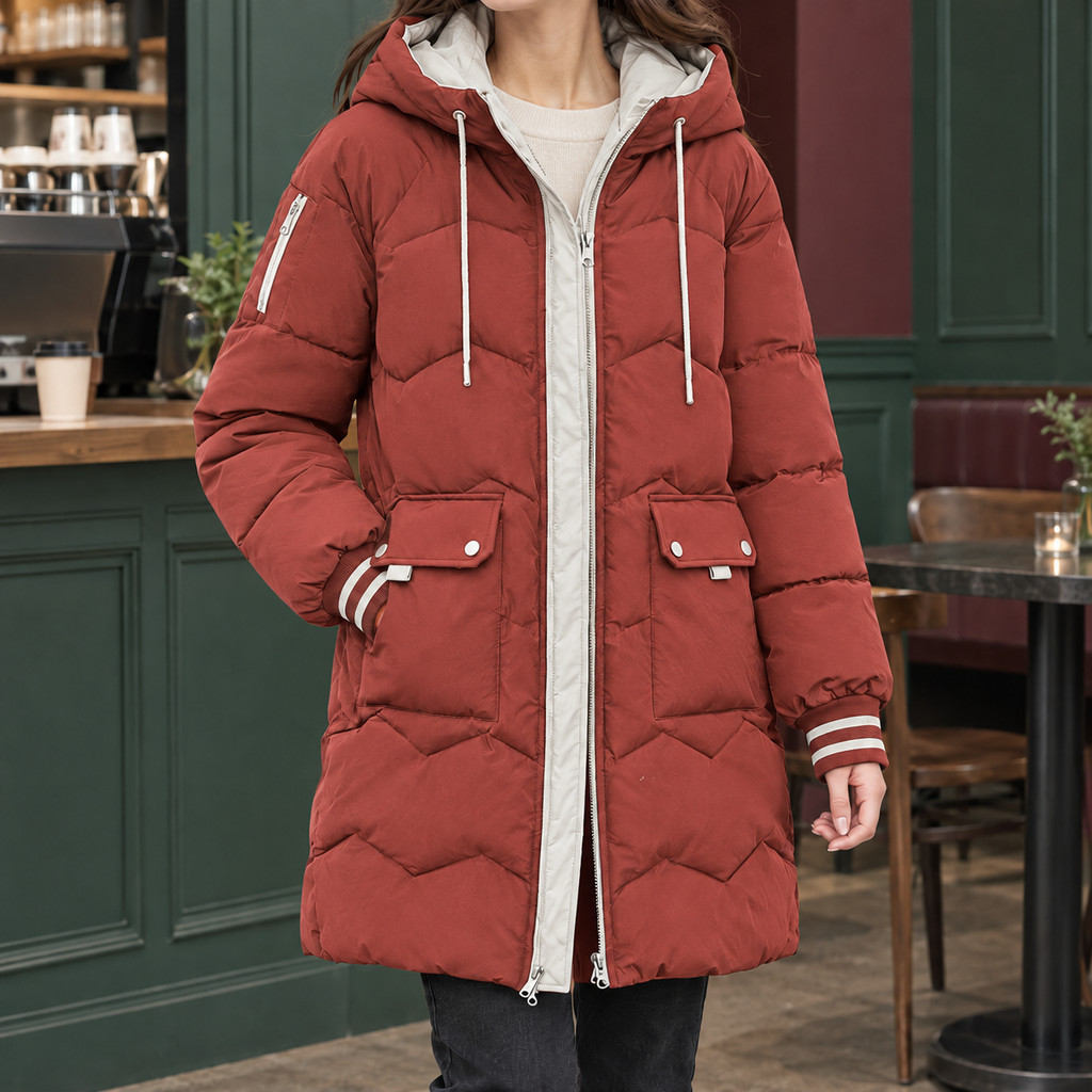 Women's Longline Hooded Puffer Coat – Chevron Quilted Winter Coat with Patch Pockets