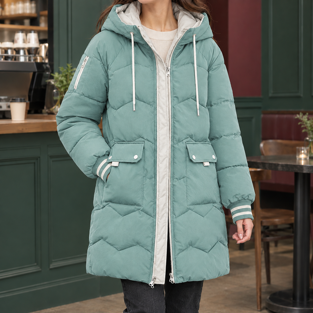 Women's Longline Hooded Puffer Coat – Chevron Quilted Winter Coat with Patch Pockets